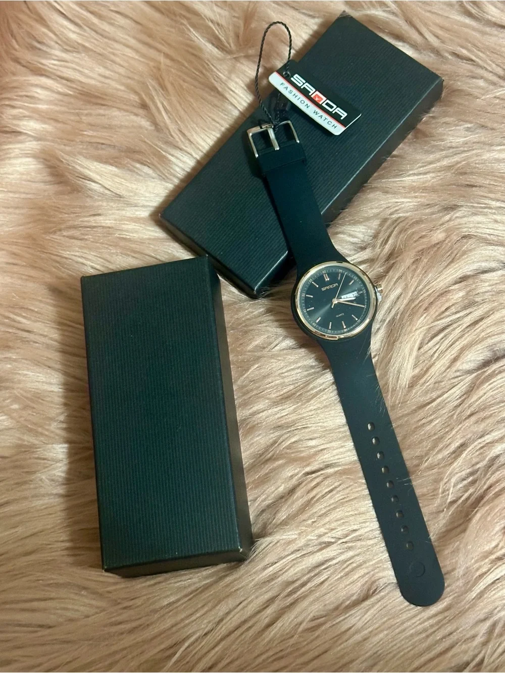 SANDA Minimal Black Silicone Smartwatch with Rose Gold Bezel
